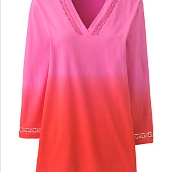 Land’s End 3/4 sleeve V neck top Tangerine ombré pink cotton Medium Petite - Picture 3 of 11